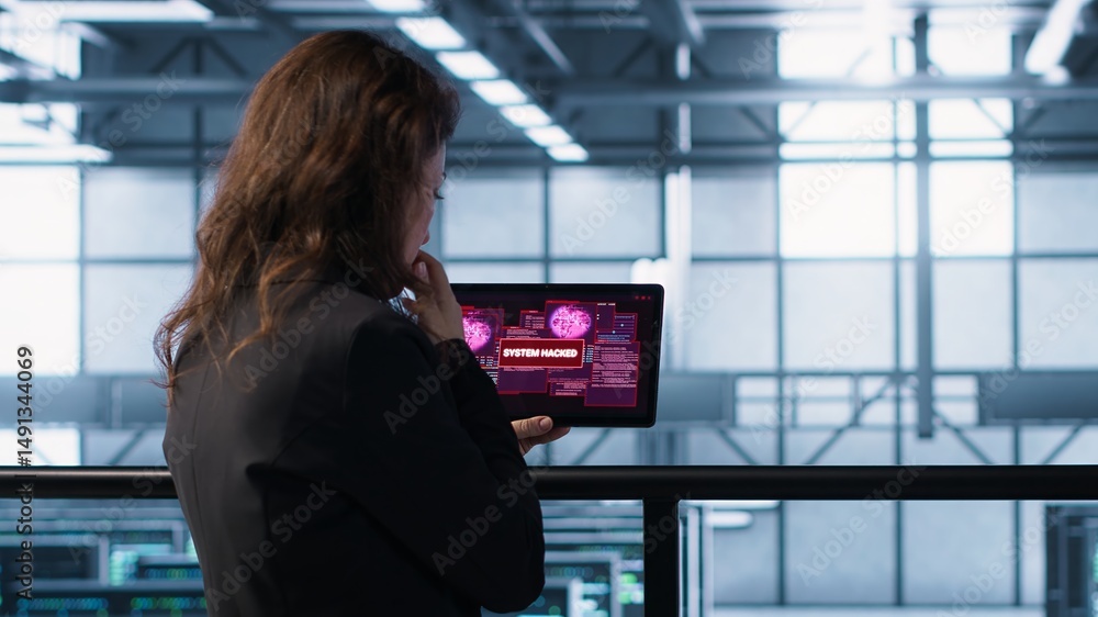 Poster data center engineers struggling to contain virus infestation, working on securing servers. team of 