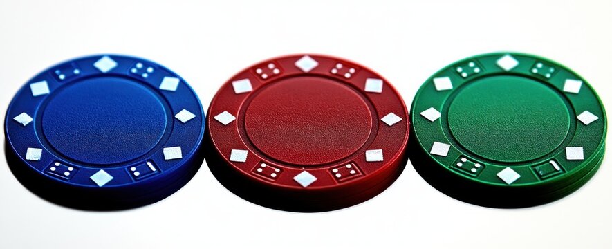 Three stacks of poker chips in blue red and green with white diamond and dice symbols under bright lighting on white background