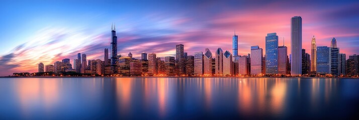Naklejka premium City skyline at sunset, reflecting in calm water