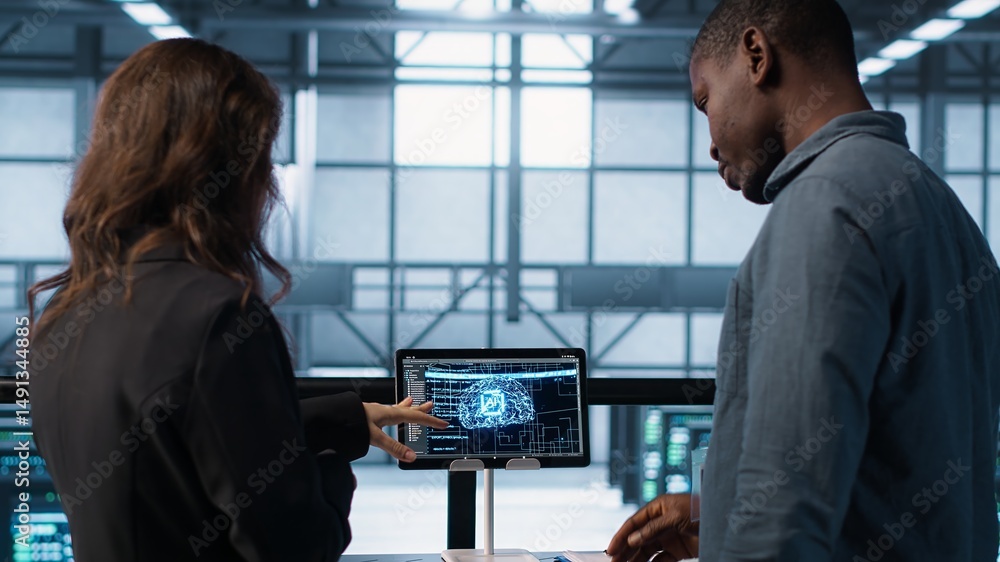 Poster data center team reviewing paperwork in server room, analyzing system reports using ai on tablet. ar