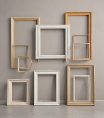 Abstract arrangement of empty picture frames, diverse shapes and colors on a neutral backdrop, empty, wooden