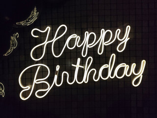 White neon happy birthday. Trendy style. Happy Birthday background. Neon sign. Custom neon. Party...
