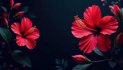 Bold hibiscus silhouettes, dark background, geometric arrangement, repeat, texture