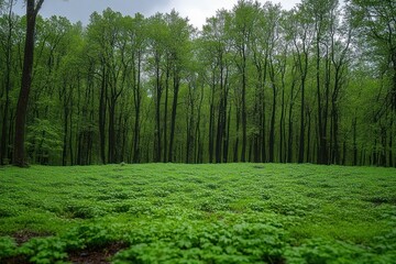 Fototapeta premium Dense forest with tall, slender trees and a carpet of lush green ground cover under an overcast sky, evoking calmness and natural beauty