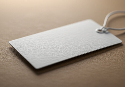 Blank white rectangular hang tag mockup with string on a light brown textured surface. This mockup is great for natural product branding, rustic gift tags, or simple retail presentations.