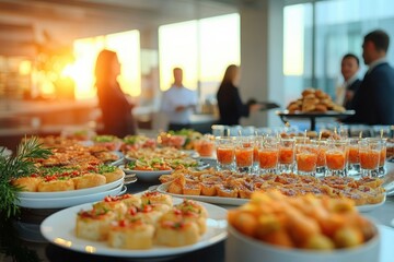 Close-up of various appetizers and finger foods arranged on a buffet table with blurred people socializing in the background during a bright indoor event