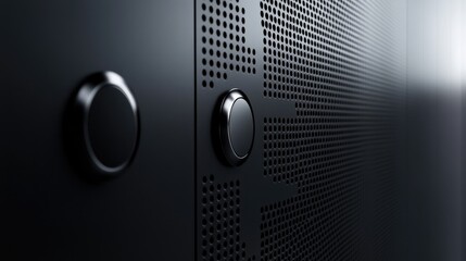 Abstract Dark Metal Panel with Circular Buttons and Perforated Texture
