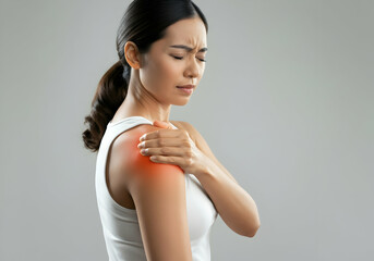 Young Woman Suffering from Shoulder Pain Medical Injury Female Holding Shoulder in Pain