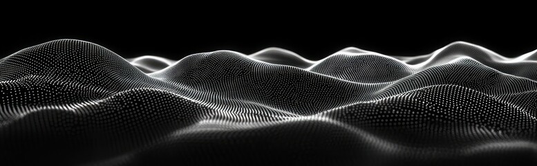 Abstract digital landscape composed of flowing wave-like hills formed by glowing white dots on a black background creating a futuristic and dynamic visual effect
