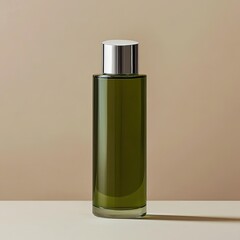 A cylindrical dark-green glass bottle with a silver cap sits on a light beige surface against a muted brown background, casting a subtle shadow