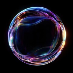 Colorful translucent glowing bubble with swirling light reflections on a black background evoking a sense of wonder and delicate beauty