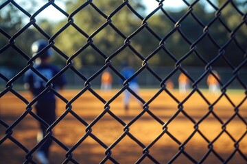 Fototapeta premium View through a chain-link fence of a baseball field with players in helmets and uniforms preparing for the game on a sunny day