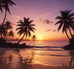 Silhouetted palm trees at sunset, tropical beach scene , vector, sea, graphic