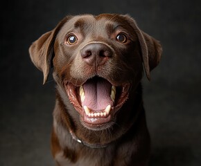 Fototapeta premium close-up of a happy brown dog with mouth open and bright eyes against dark background