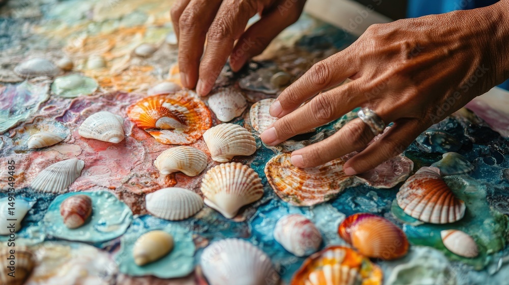 Poster hands arranging colorful seashells on a painted surface.