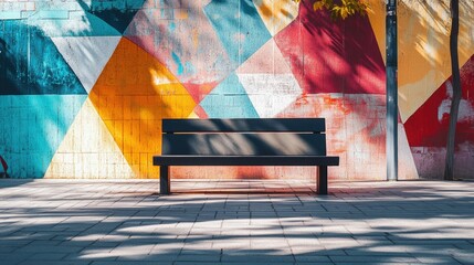 Black bench against colorful geometric urban wall