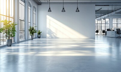 Sunlit, spacious modern office with large windows, polished concrete floors, and minimalist design