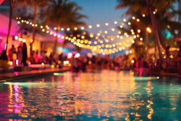 Tropical poolside night party with glowing string lights and water reflections, abstract blurred summer nightlife for luxury resort, travel, or celebration background use