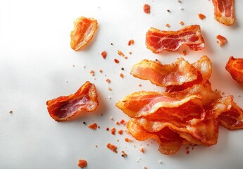 Crispy cooked bacon slices scattered on a white surface with small crumbs and black pepper flakes, evoking a savory and appetizing feeling