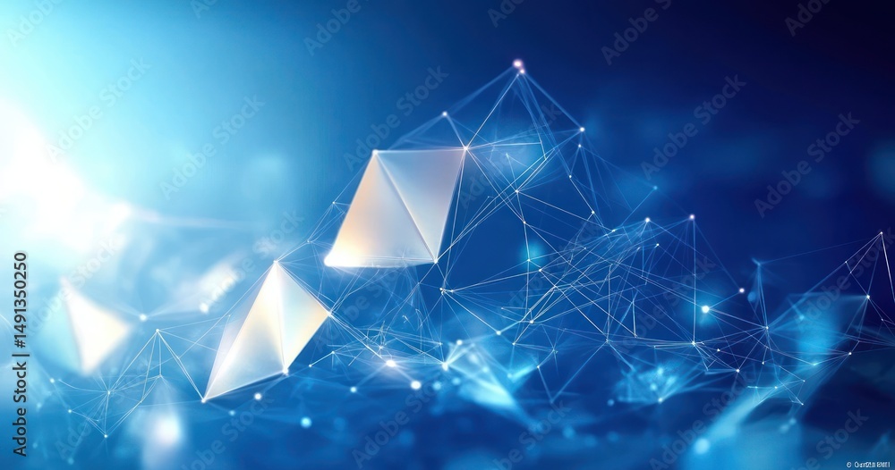 Wall mural glowing interconnected geometric shapes and lines forming a translucent network on a blue gradient b