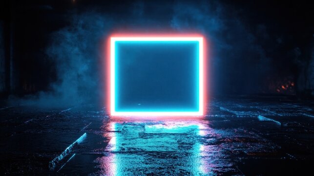Glowing neon square frame with blue and pink light standing on wet reflective stone surface surrounded by dark misty atmosphere