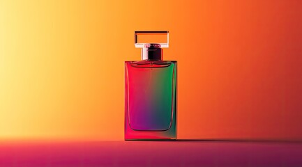 A rectangular perfume bottle with a gradient iridescent finish from red to purple, sits on a vibrant orange-pink surface against a warm-toned background.  Its minimalist cap features a square top