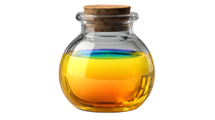 A glass bottle with colorful liquid layers and a cork stopper perfect for alchemy chemistry