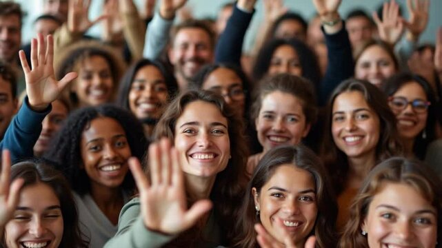 A collection of diverse individuals from different backgrounds joyfully greeting the viewer with smiles and waves.