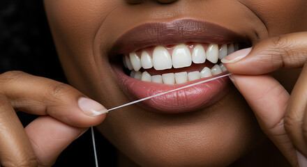Fototapeta premium Woman flossing her teeth while smiling with healthy gums close-up 