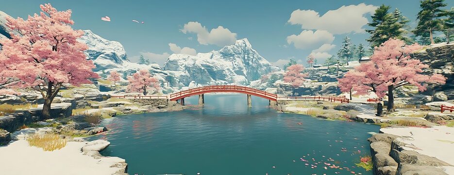 Snow mountain lake, red bridge, cherry trees
