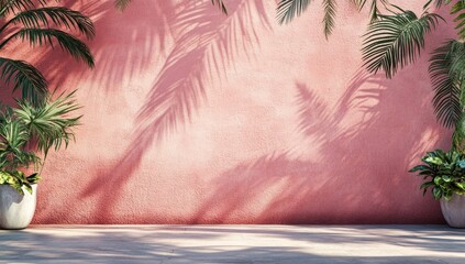 A blush-pink wall, flanked by potted tropical plants, is adorned with the dappled shadows of palm fronds cast by sunlight.  The scene is serene and minimalist