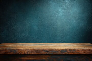 Empty rustic wooden table with textured dark teal wall background creating a moody atmosphere