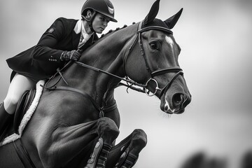 Focused equestrian rider in helmet and gloves guiding a powerful horse mid-jump with intense concentration in black and white