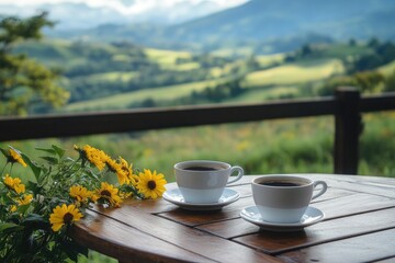 Two cups of coffee on a wooden table outdoors, beside sunflowers, with a scenic mountain view in the background