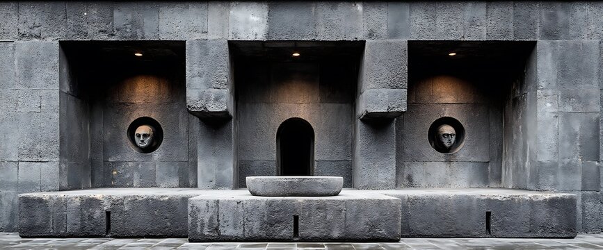Dark Architecture Carved Stone Skulls  Arch with Armenias Sevanavank.