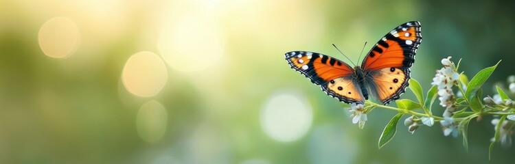 Fototapeta premium Vibrant orange and black butterfly perched delicately on white flowers with soft green blurred background and glowing light orbs
