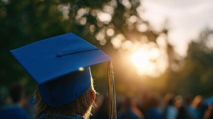 Graduating student's cap against a sunset backdrop.