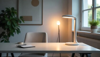 Futuristic Desk Lamp in Modern Workspace with Sleek Table and Minimalist Design created with generative ai
