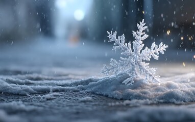 Delicate Snowflake in Snowfall Winter Scene on Paved Path with Blurred Background.