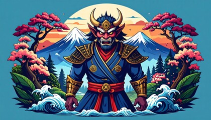 Oni Samurai with Mount Fuji landscape.