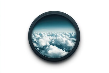 A circular window view of a boundless expanse of fluffy white clouds under a twilight sky