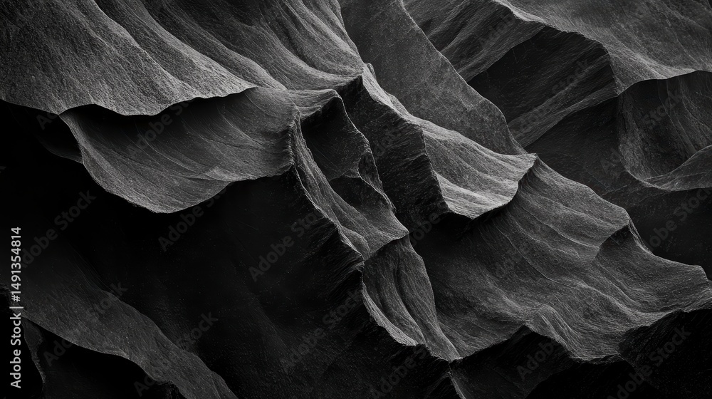 Poster Abstract grayscale close-up of textured rock formations, showing shadows and depth.