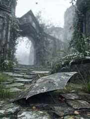Obraz premium A weathered umbrella rests on a moss-covered stone path leading through overgrown ruins under a misty sky