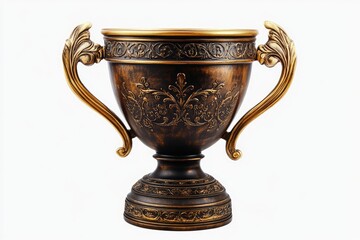 Ornate dark brown trophy with gold accents and scrollwork