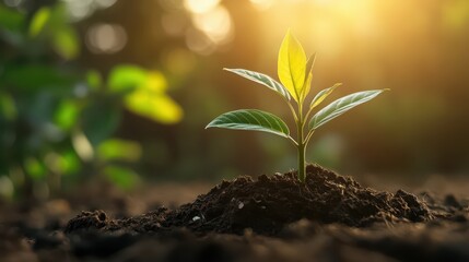 Young plant emerging from soil in sunlight