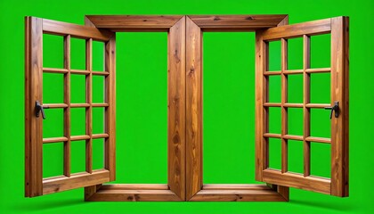 Open Wooden Window with Green Screen.