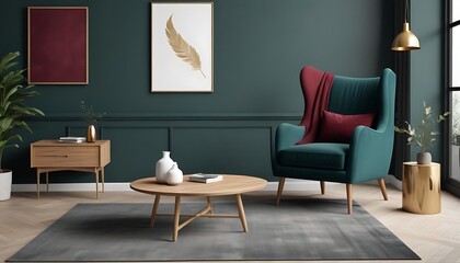  Living Room Interior Mockup – Wing Chair, Rustic Wooden Coffee Table, Bold Burgundy, Charcoal created with generative ai