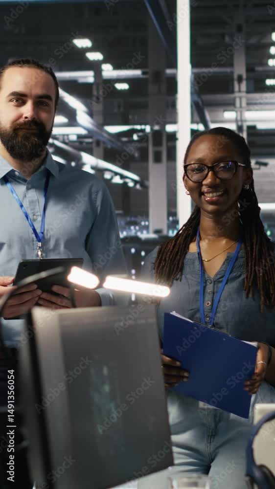 Poster vertical video happy data center engineering team members collaborating on neural network software d