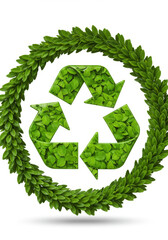 Recycling Symbol Made of Green Leaves Isolated on White Background