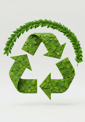 Recycling Symbol Made of Green Leaves Isolated on White Background